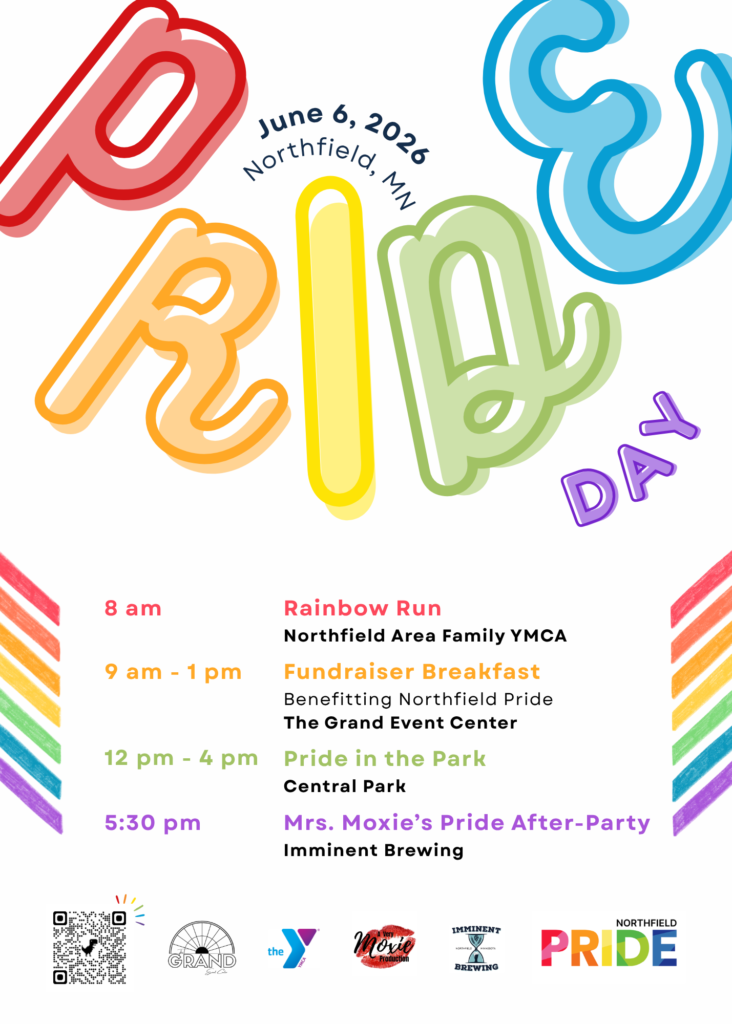 Poster promoting pride day events including a rainbow run, fundraiser breakfast, pride in the park, and mrs. moxie's pride after-party.